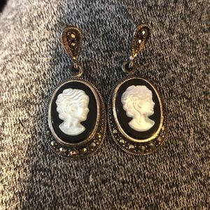 Vintage Silver & Marcasite Cameo earrings. White on black profile.